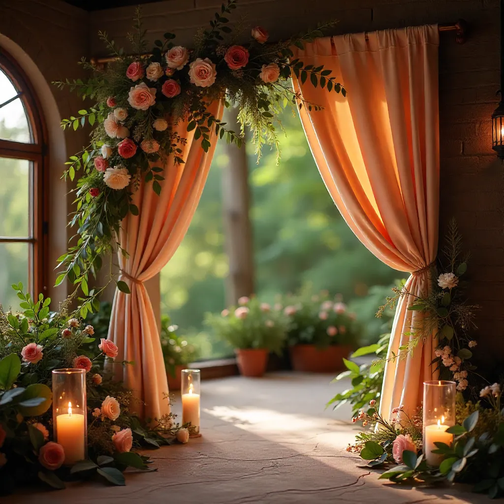 Elegant wedding photo zone with floral backdrop and romantic lighting